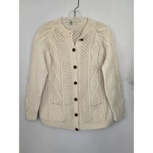 Vintage Anne McCool Irish Sweater Wool Fisherman Cable Knit Ivory Leather Button